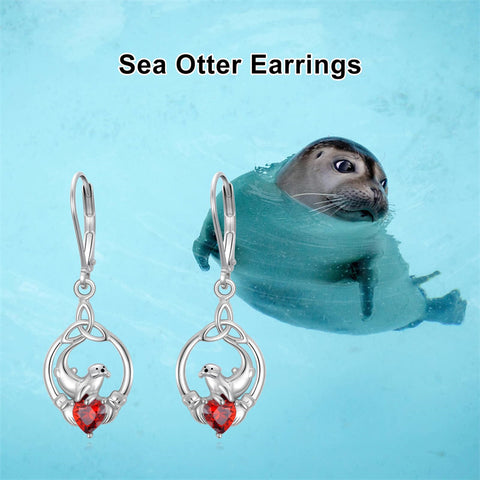 Sterling Silver Heart-Shaped Cubic Zircon Otter Cow Raccoon Leverback Earrings