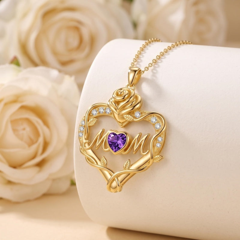 14K Gold Plated Heart Birthstone Rose Mom Butterfly Pendant Necklace for Women