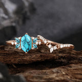 Sterling Silver 10K 14K 18K Gold Turquoise Engagement  Wedding Ring Set for Women