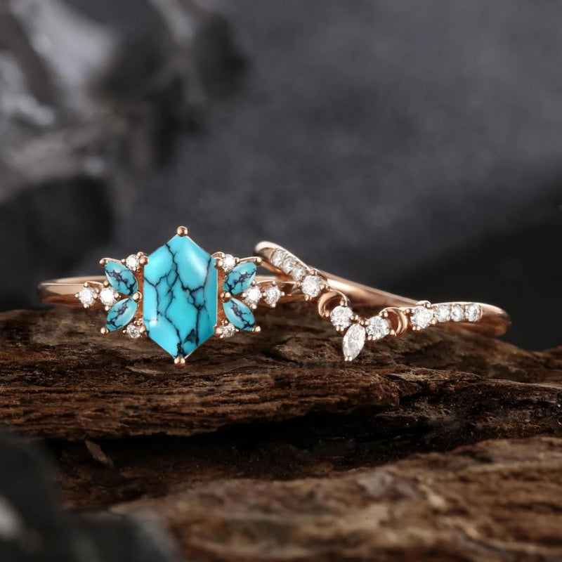 Sterling Silver 10K 14K 18K Gold Turquoise Engagement  Wedding Ring Set for Women