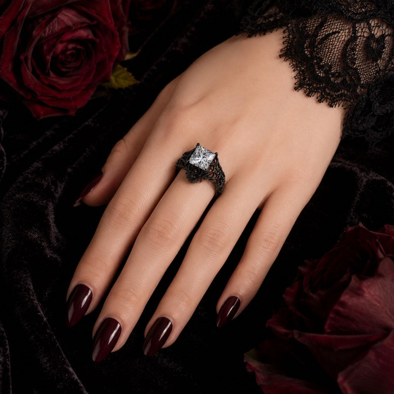 Sterling Silver 10K 14K 18K Gold Moissanite Gothic Black  Engagement Wedding Ring  for Women