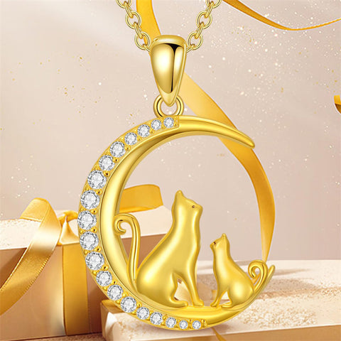 14K Gold Moon Cat Dog Rabbit Pendant Necklace