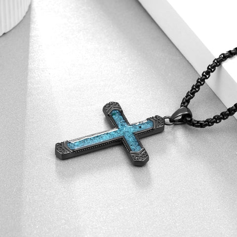 14K Gold Plated Turquoise Malachite Abalone Shell Cross Pendant Necklace for Men