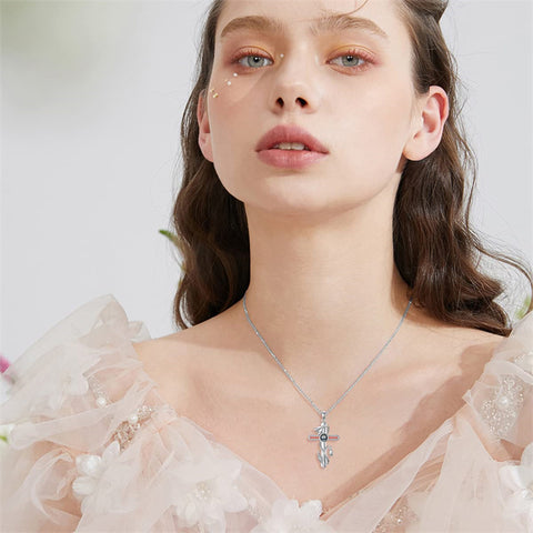 Sterling Silver Cross 100 Languages 12 Month Birthstone Birth Month Flower Pendant Necklace