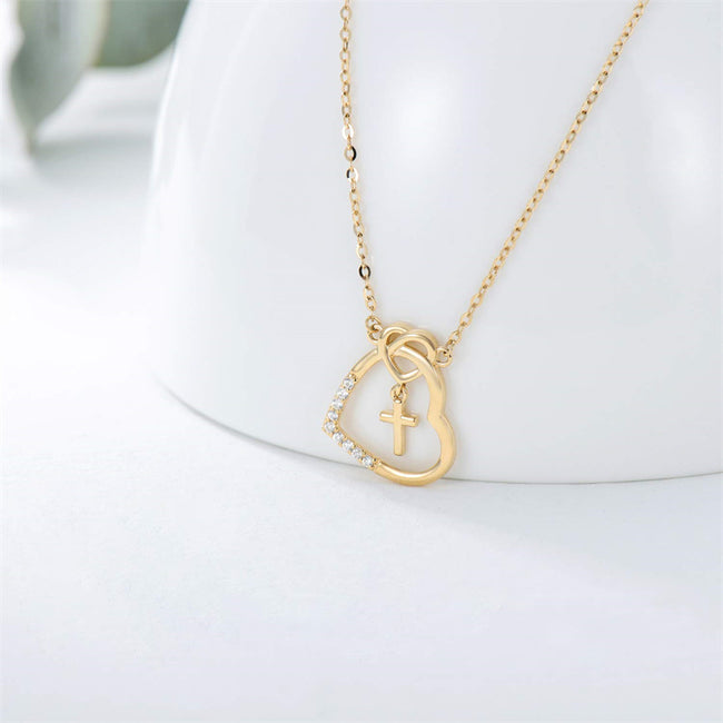 14K Real Gold Heart Necklace for Women,God in My Heart Faith Hope  Love,Yellow/White Gold Cross Heart Pendant Necklace with Cubic Zirconia