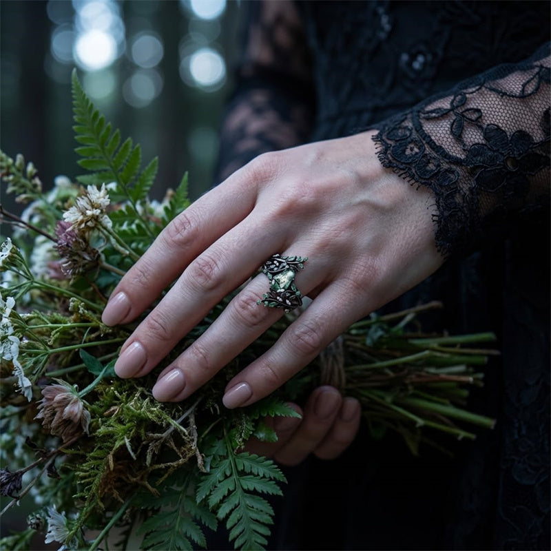 Sterling Silver 10K 14K  18K Gold Personalized Engraved Moss Agate Gothic Promise Wedding Engagement Black Ring Set