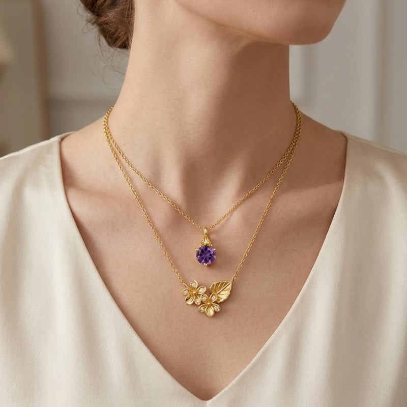 14K Gold Birthstone Birth Flower  Pendant Necklace Birthday Jewelry Gifts for Women