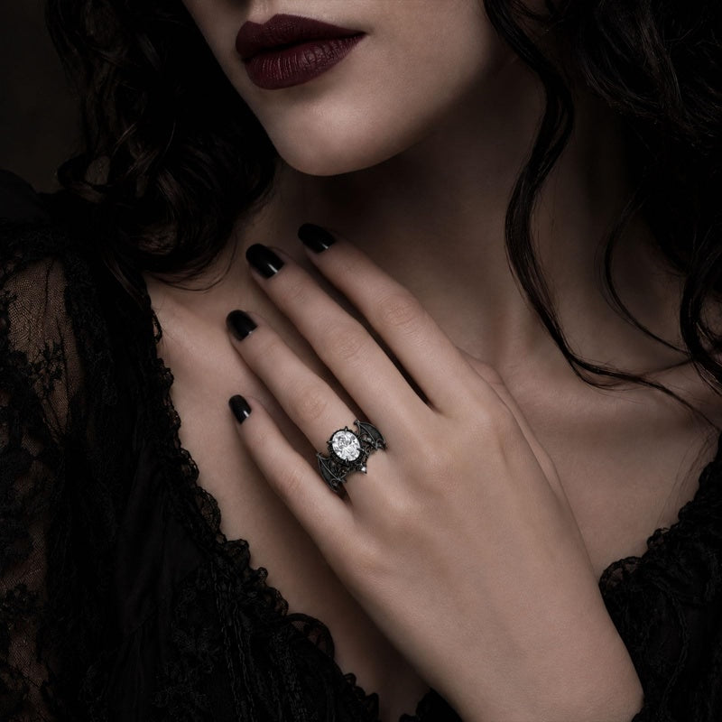 Sterling Silver 10K 14K 18K Gold Moissanite Gothic Black  Engagement Wedding Ring  for Women