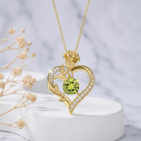 14K Gold Plated 12 Months Birthstone Rose Flower Pendant Necklace Anniversary Birthday Gift