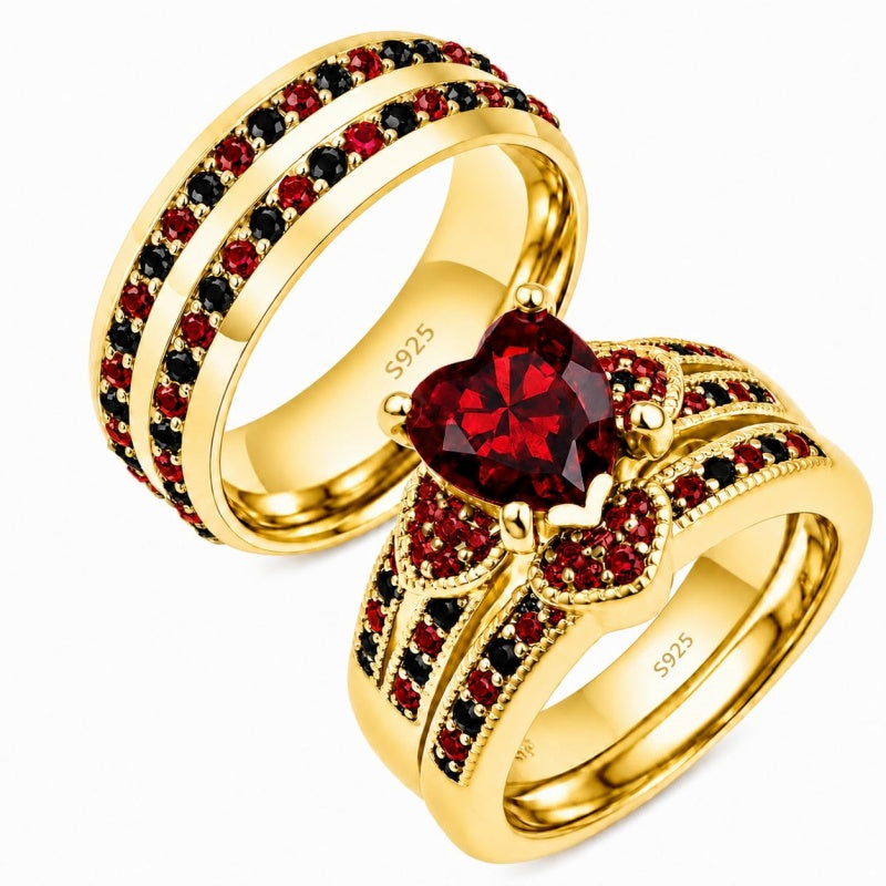 Sterling Silver 10K 14K 18K Gold Personalized Engraved  Halloween Dark Red Gemstone Couple Ring Set