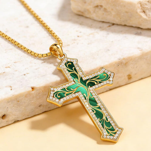 14K Gold Plated Turquoise  Abalone Shell Malachite Wood Filigree Cross Pendant Necklace
