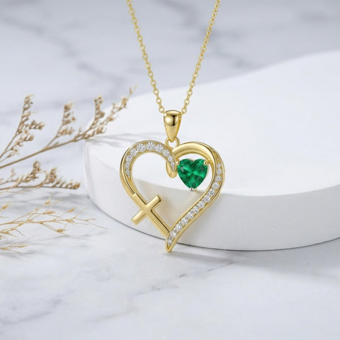 14K Gold  Plated 12 Months Birthstone  Heart Cross Pendant Necklace  for Women