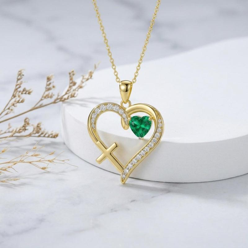 14K Gold  Plated 12 Months Birthstone  Heart Cross Pendant Necklace  for Women