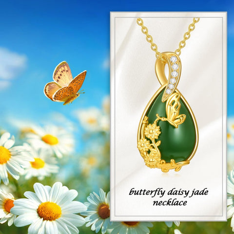 14K Gold Plated Natural Jade Hummingbird Cat Dragonfly Butterfly Bee Pendant Necklace for Women