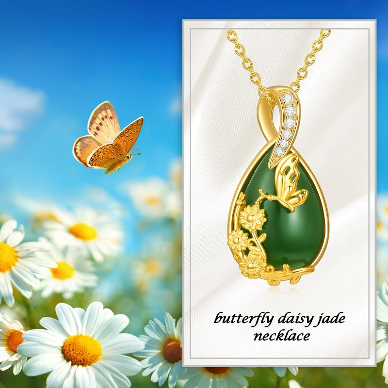 14K Gold Plated Natural Jade Hummingbird Cat Dragonfly Butterfly Bee Pendant Necklace for Women