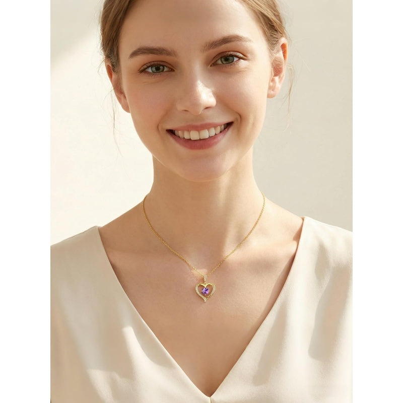 14K Gold Plated  12 Months Heart Birthstone Pendant Necklace Birthday Wedding Anniversary Jewelry Gifts for Women