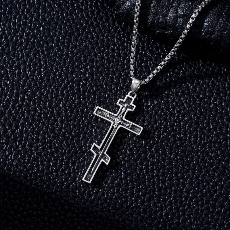 Sterling Silver Wooden Lion Orthodox Sword Wolf Cross Pendant Necklace