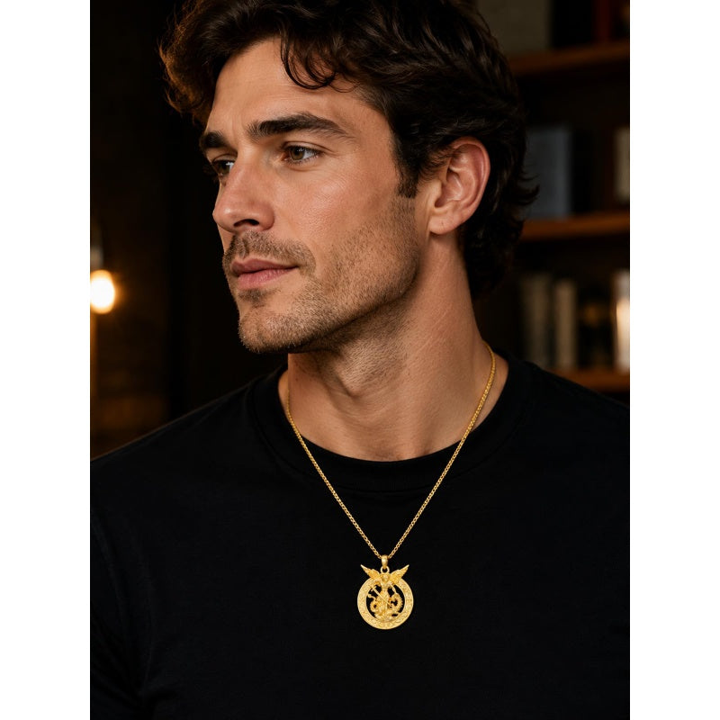14K Gold Plated Black Onyx Patron Saint Medal Religious Amulet Pendant Necklace for Men