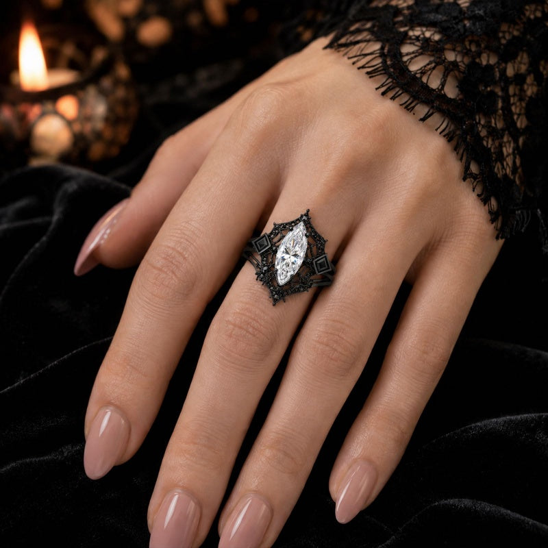 Sterling Silver 10K 14K 18K Gold Moissanite Gothic Black  Engagement Wedding Ring  for Women