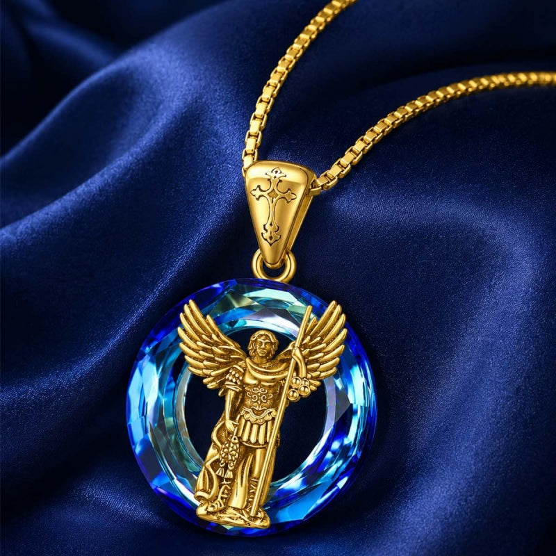 14K Gold Plated Blue Crystal Saint Protection Pendant Necklace Amulet Baptism Gift