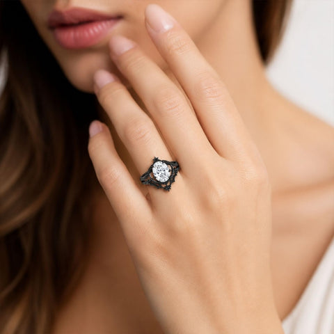 Sterling Silver 10K 14K 18K Gold Moissanite Gothic Black  Engagement Wedding Ring  for Women