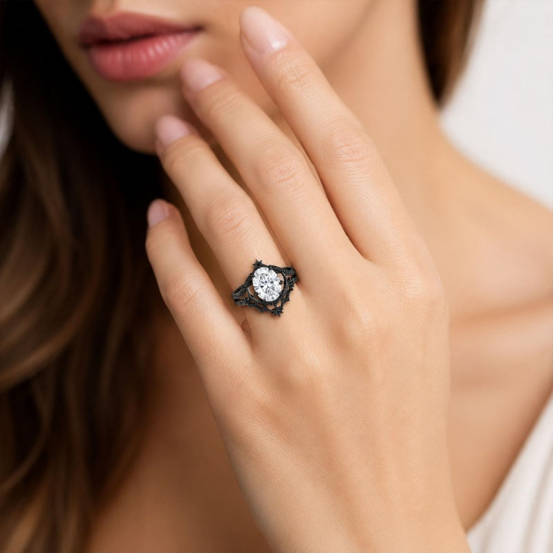 Sterling Silver 10K 14K 18K Gold Moissanite Gothic Black  Engagement Wedding Ring  for Women