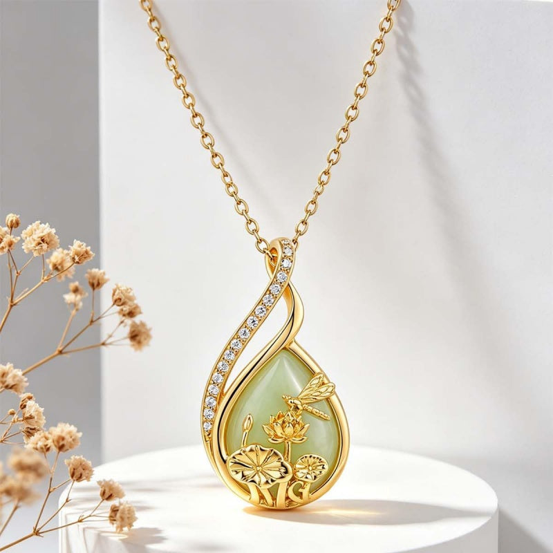 14K Gold Plated Jade Hummingbird Butterfly Dragonfly Turtle Animal Pendant Necklace