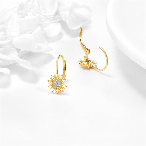 14K Yellow Gold Sunflower Leverback  Earrings