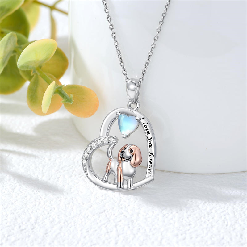 Sterling Silver Moonstone Pug Chihuahua Poodle German Shepherd Maltese Pendant Necklace Engraved wth I Love You Forever