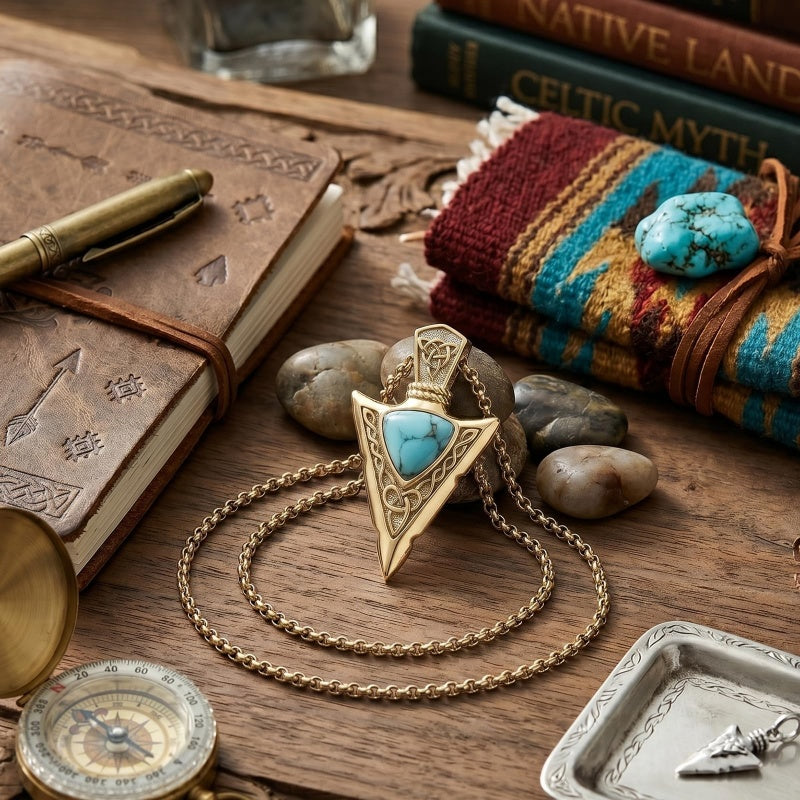 14K Gold Plated Moss Agate Turquoise Valknut Viking Arrow Head Pendant Necklace for Men