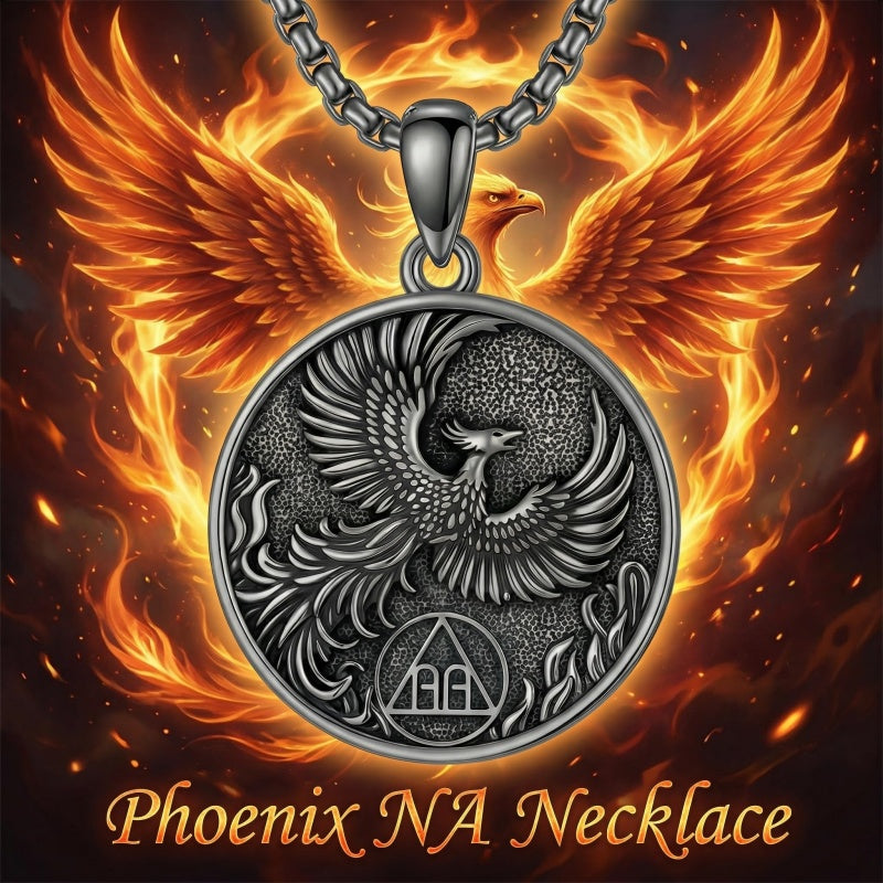 Sterling Silver Phoenix Rising Pendant Necklace NA/AA Sobriety Jewelry