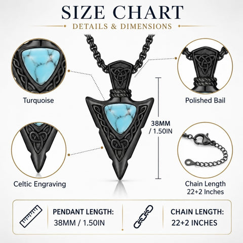 14K Gold Plated Moss Agate Turquoise Valknut Viking Arrow Head Pendant Necklace for Men