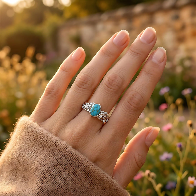 Sterling Silver Personalized Engraved 1-3CT Turquoise Engagement  Wedding Promise Ring Set for Her