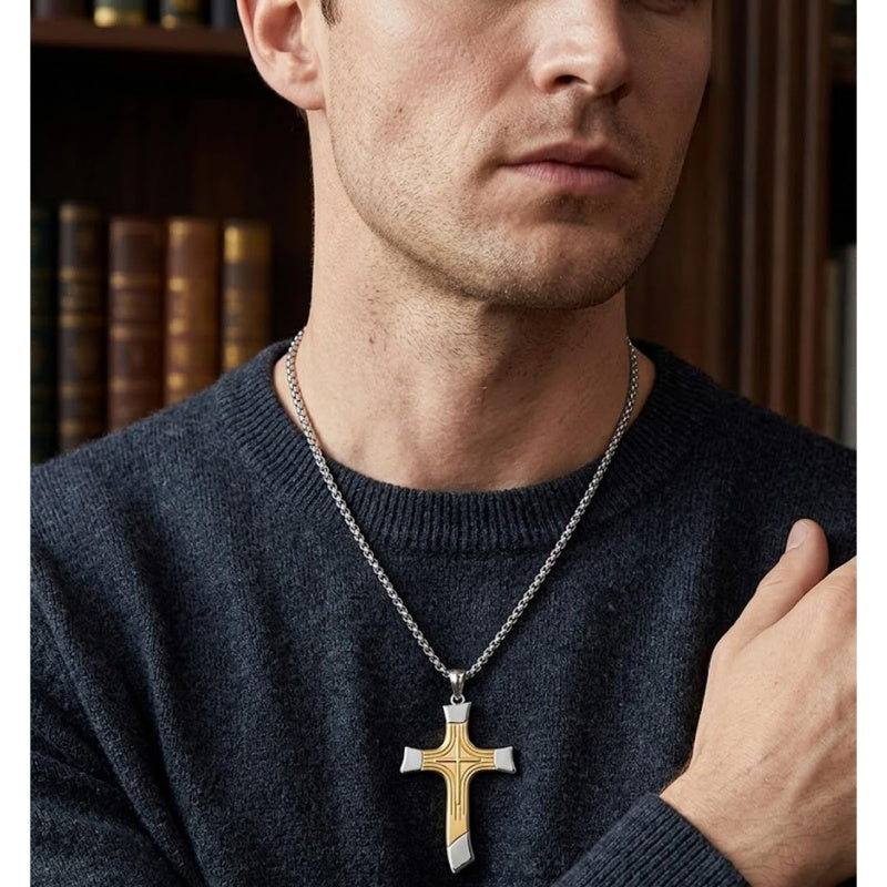 14K Gold Plated Two Tone Cross Pendant Necklace Christian Jewelry Religious Gift