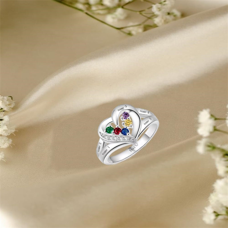 10K 14K 18K Gold Personalized 1-6 Stones Engraved Heart Mother Ring for Mother's Day