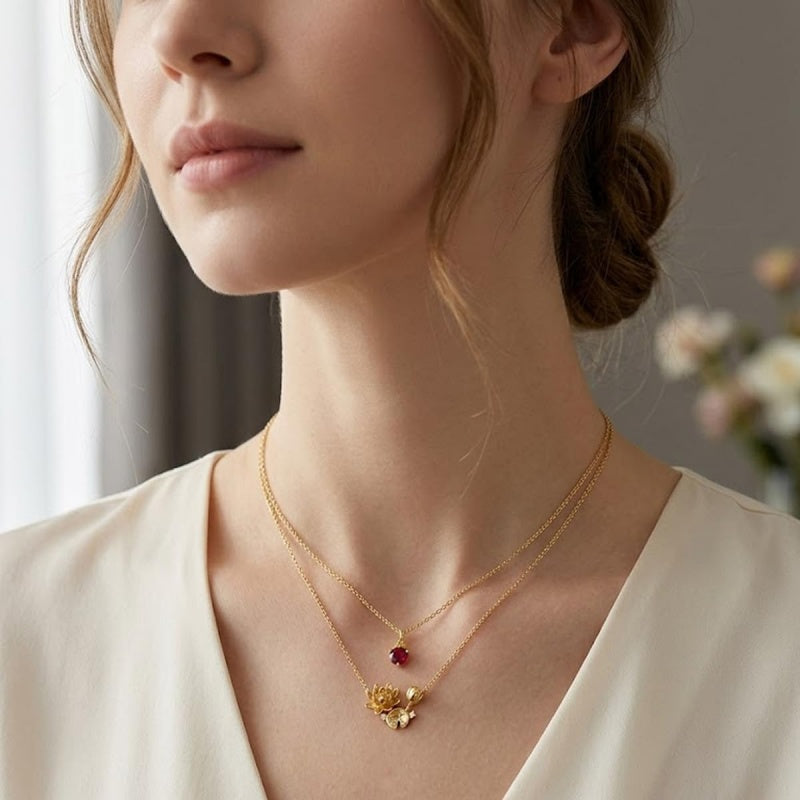 14K Gold Birthstone Birth Flower  Pendant Necklace Birthday Jewelry Gifts for Women