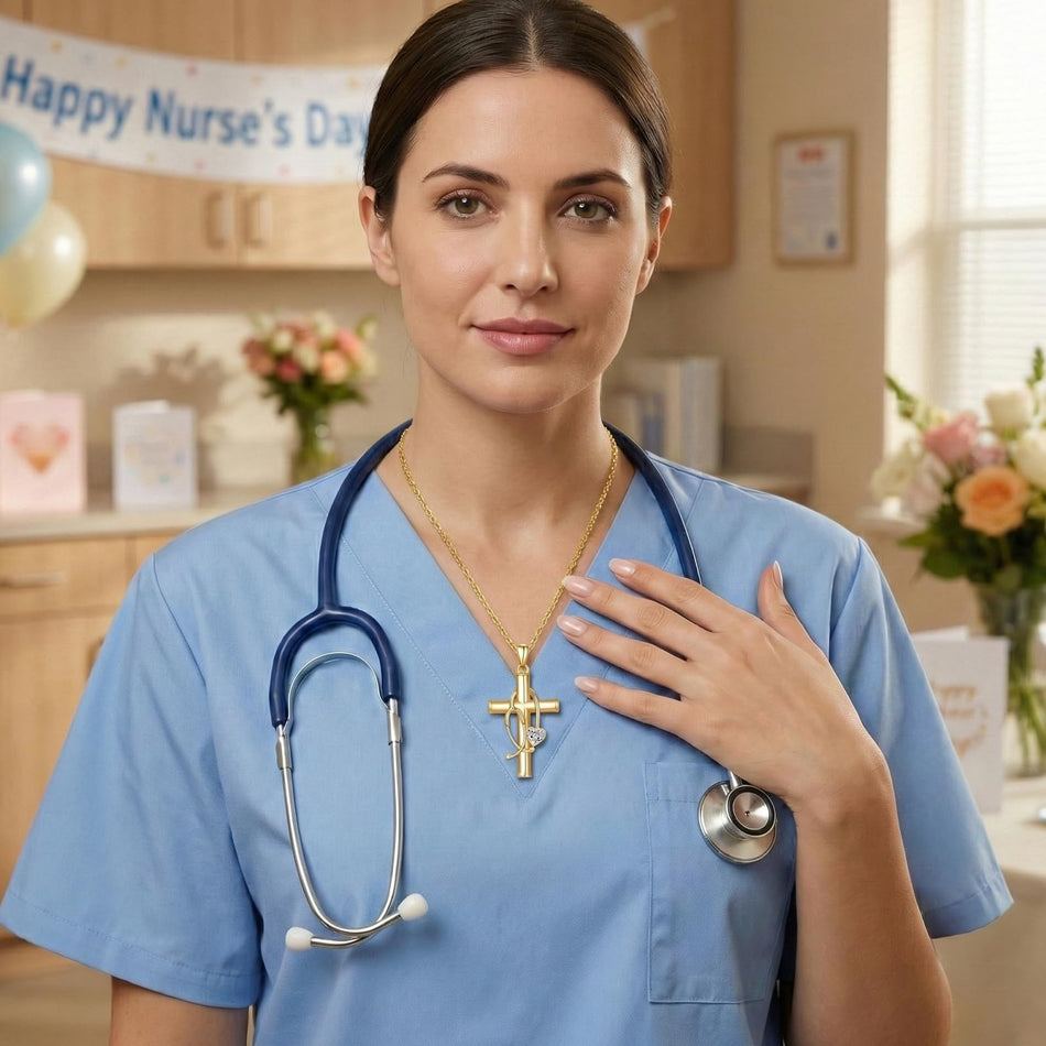 Stethoscope Cross 14K Gold Plated Pendant Necklace for Women Nurse Doctor Birthday Graduation Gift for Medical Student