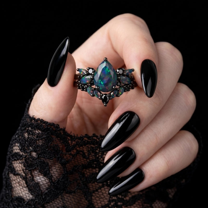 Sterling Silver 10K  14K  18K  Gold Personalized Engraved Black Opal Engagement Wedding Promise Ring for Her