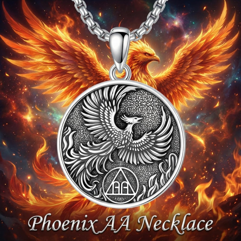 Sterling Silver Phoenix Rising Pendant Necklace NA/AA Sobriety Jewelry