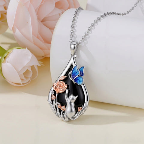 Sterling Silver Obsidian Bunny Cat Elephant Dog Fox Teardrop Pendant Necklace