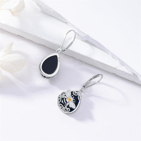 Sterling Silver Filigree Black Onyx  Bee Hummingbird Leverback Earrings