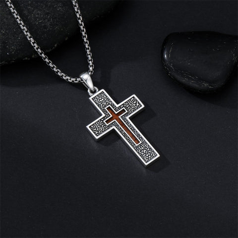 Sterling Silver Wooden Lion Orthodox Sword Wolf Cross Pendant Necklace