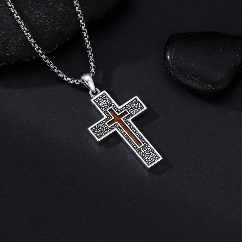 Sterling Silver Wooden Lion Orthodox Sword Wolf Cross Pendant Necklace
