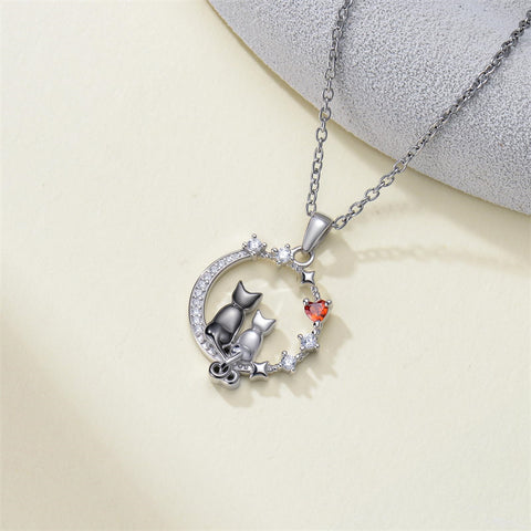 Sterling Silver Cubic Zirconia Two Cats Pendant Necklace