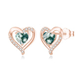 10K 14K 18K Gold Heart Moss Agate Heart Stud Earrings