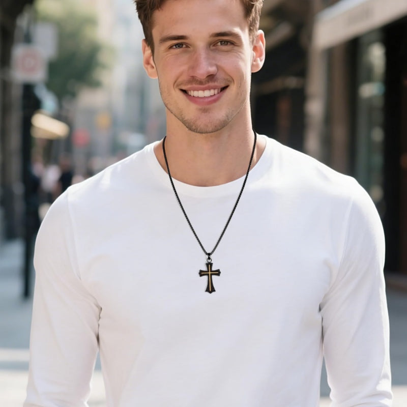 14K Gold Plated Wooden Abalone Shell Cross Pendant Necklacefor Men