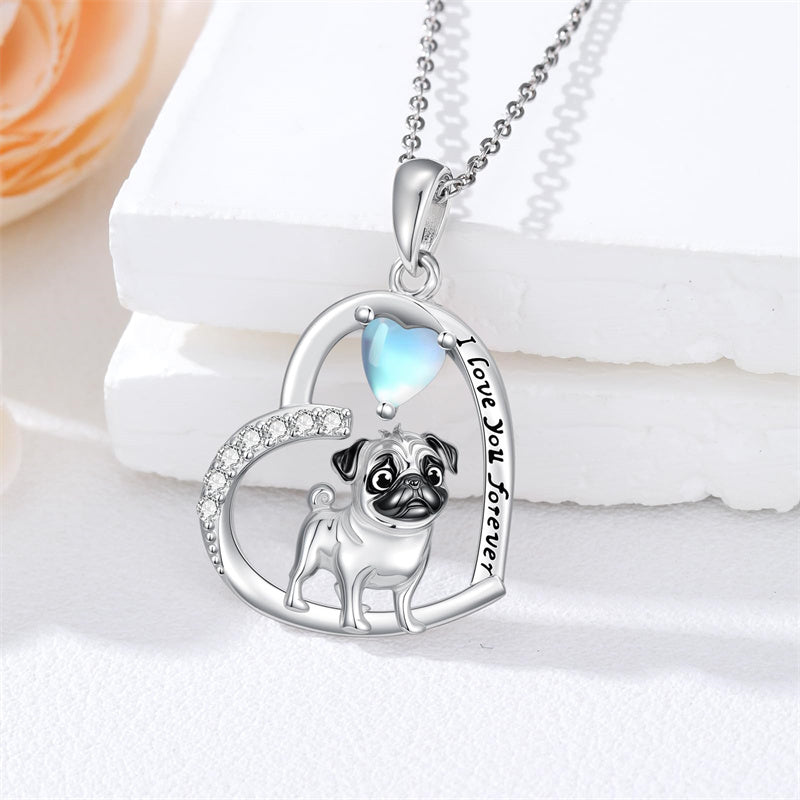 Sterling Silver Moonstone Pug Chihuahua Poodle German Shepherd Maltese Pendant Necklace Engraved wth I Love You Forever