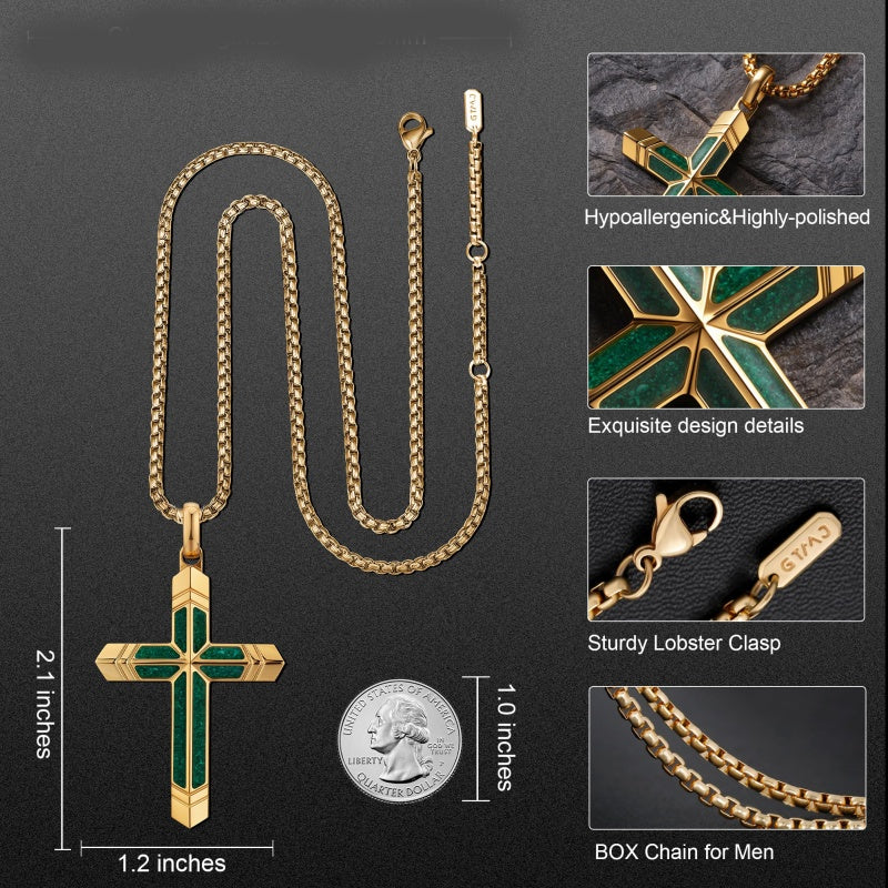 14K Gold Plated Turquoise Malachite Cross Necklace for Men Christianity Cross Jewelry