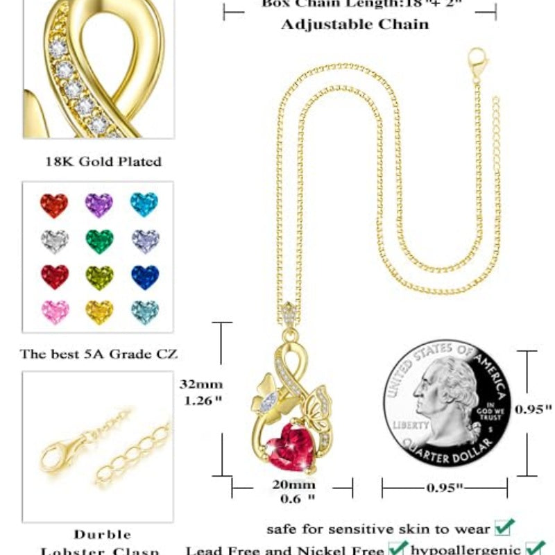 Heart Birthstone 14K  Gold Plated Butterfly Pendant Necklace for Women