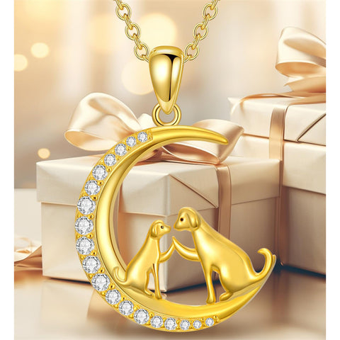 14K Gold Moon Cat Dog Rabbit Pendant Necklace